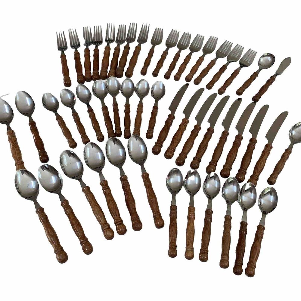 Lot of 49 Vintage LIFETIME CUTLERY OLD HOMESTEAD Wood Handle Flatware Stainless0